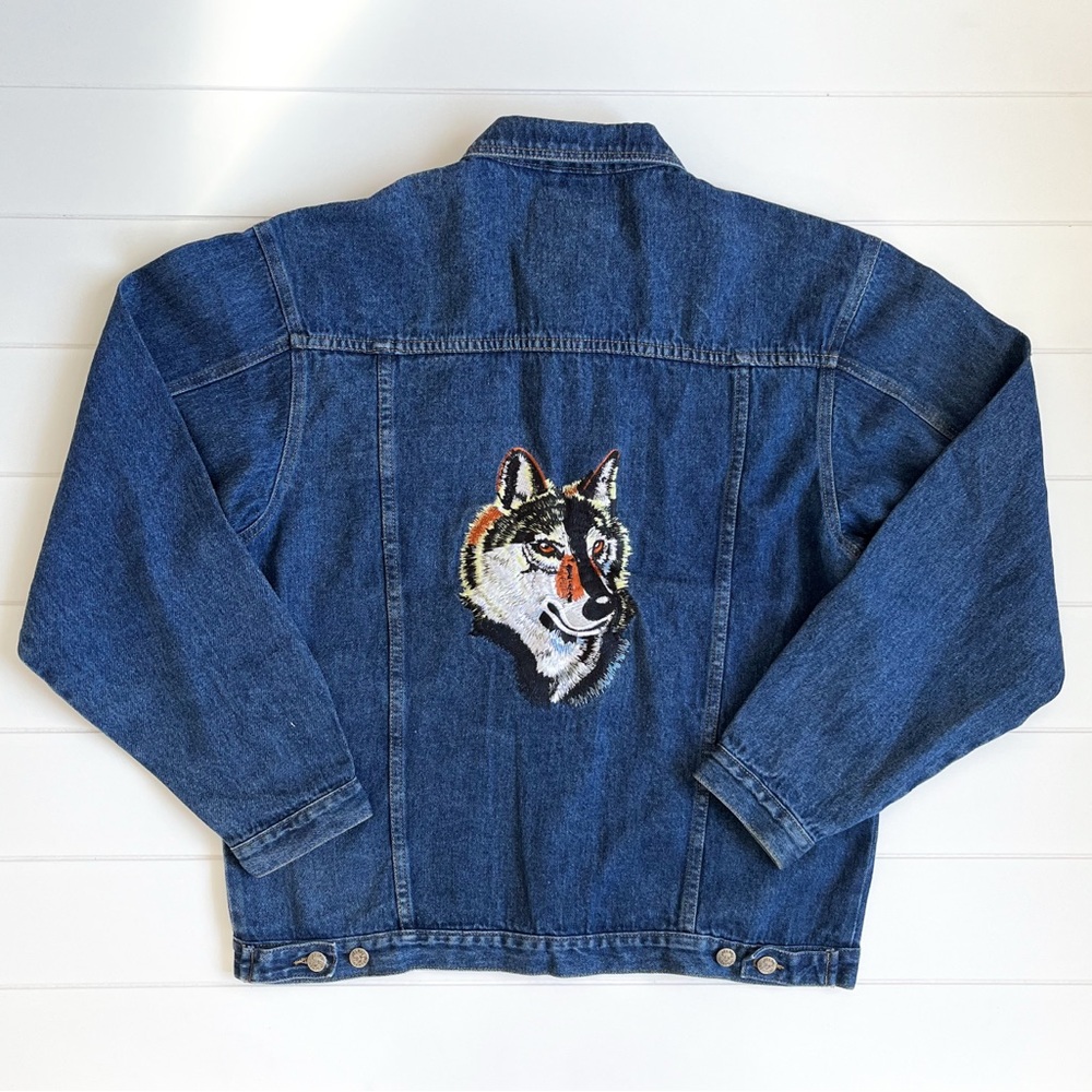Blue Denim Jacket with Wolf Embroidery